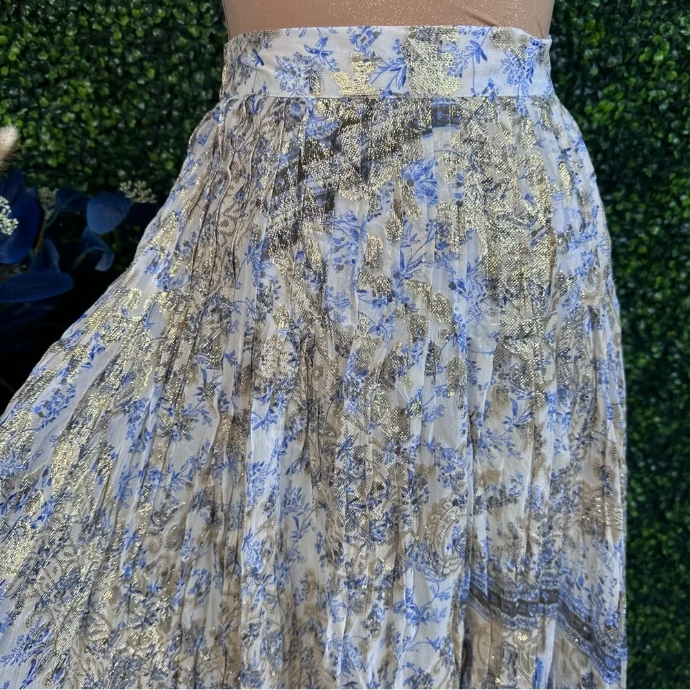 Soft Surroundings silk blend blue paisley metalic gold Pleated‎ Midi Skirt NWOT